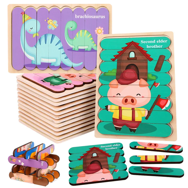 Baby Wooden Double Sided Strip 3D Puzzles, Jogo de Combinar Animais, Desenhos Animados, Brinquedos Educativos Montessori, Presentes para Crianças, 1 Ano, 2 Anos, 3 Anos de Idade