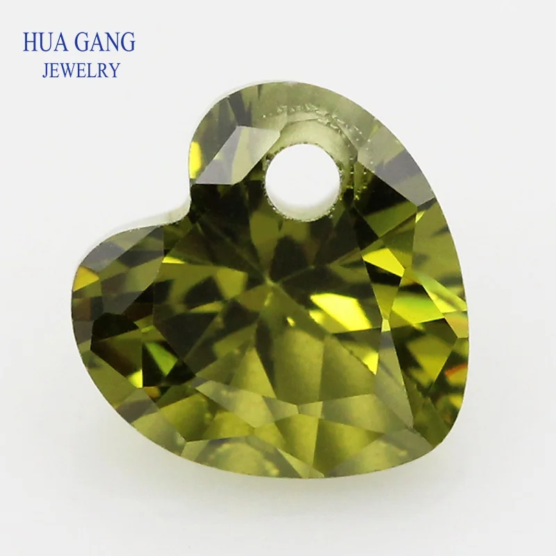 Peridot Loose CZ With Hole AAAAA Heart Shape Cubic Zirconia Stone Loose For DIY Jewelry Making Zircon4x4~12x12mm High Quality