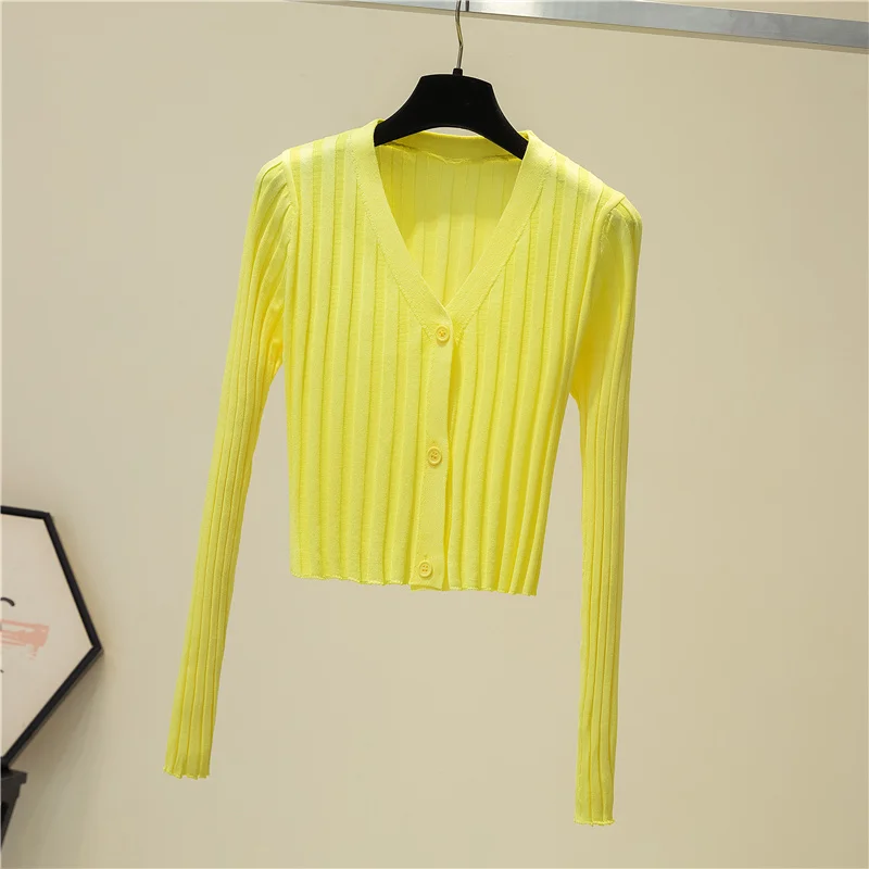 Solid Black Cropped Sweater Purple Knitted Ribbed Cardigan Yellow Crop Top Long Sleeve Women Pullovers Elegant Blouses Clothing