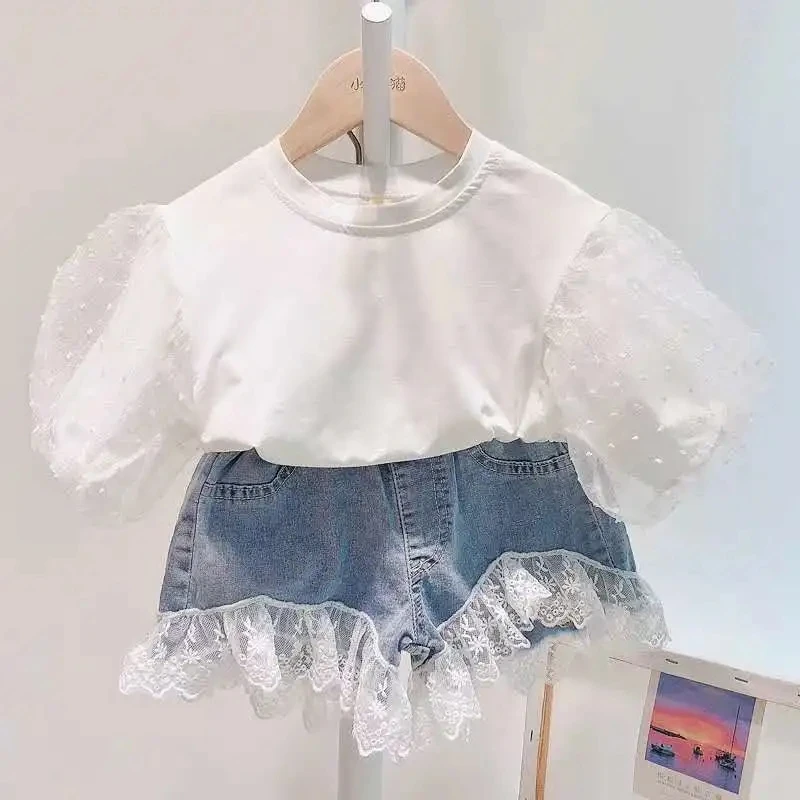 Kids Girls Clothes Set Summer Girl Cotton Short-sleeved Tops T-shirt + Denim shorts 2pcs Girl Outfits Baby Girls Clothing