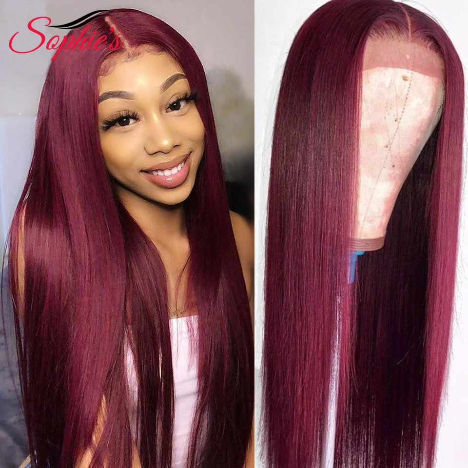 

Sophies 99J Straight Burgundy 4*4 Lace Closure Human Wig For Women Pre-Plucked Brazilian Blonde Remy Hair With Baby Hair 180%