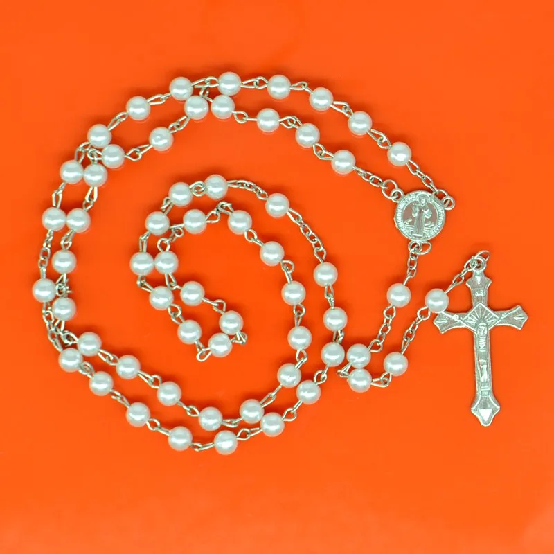 6mm Imitation Pearl Rosary Beads Saint Benedict Medal JESUS Cross Crucifix Pendant Necklace Catholic Fashion Religious Jewelry