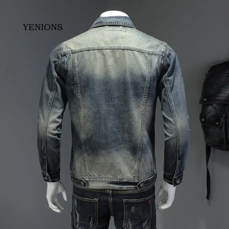 Jaqueta jeans masculina retrô de algodão, roupa fina de manga longa com emblema, casaco jeans bomber para motocicleta masculina de marca