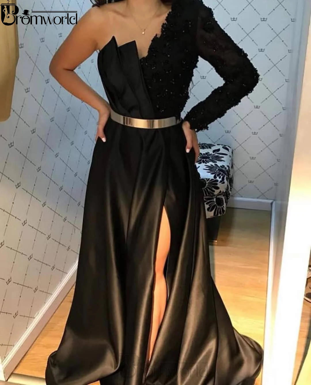 Vestido de noche negro elegante, corte en A, Sexy, con abertura, un hombro, encaje, manga larga, vestidos de fiesta, vestidos largos de graduación, vestido de fiesta 2024