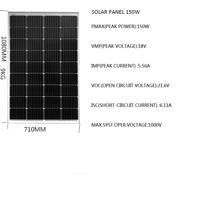 Solar Panel 150W 12V 1500W 1800W 2100W 2400W 3000W MBB Perc Split Cell Solar Home System Off Grid Car Camping Caravan Motorhomes