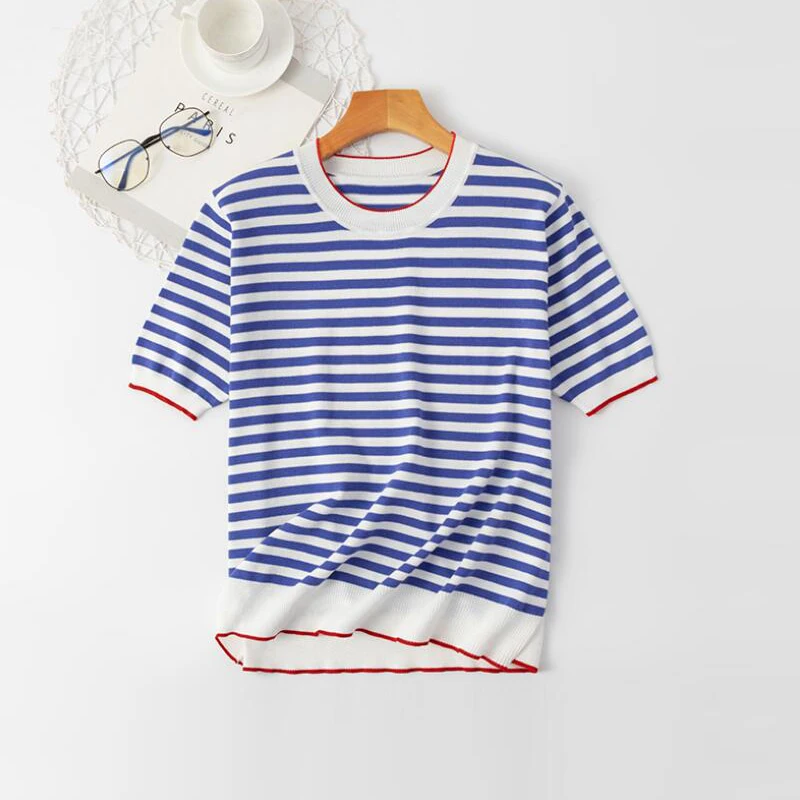 Summer Striped Pullover Knitted Short Sleeve knitted Sweater Women Slim Basic Casual Base Female knitting shirts Tops 2021