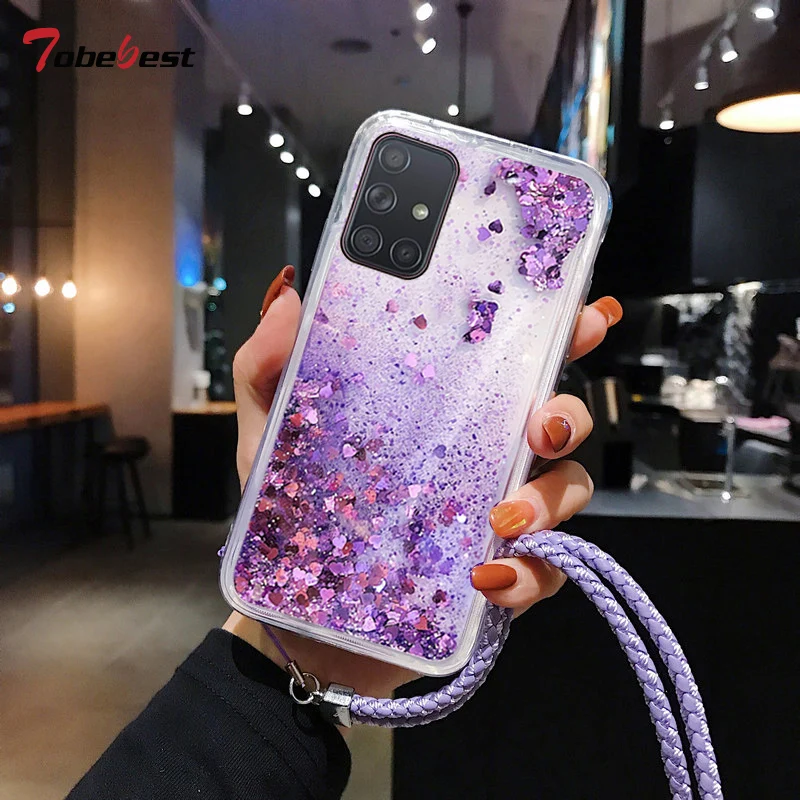 Lanyard Glitter Liquid Floating Qicksand Silicone Case For Samsung Galaxy S20 Ultra S10 Lite S10E S9 S8 Plus S7 Edge TPU Cover