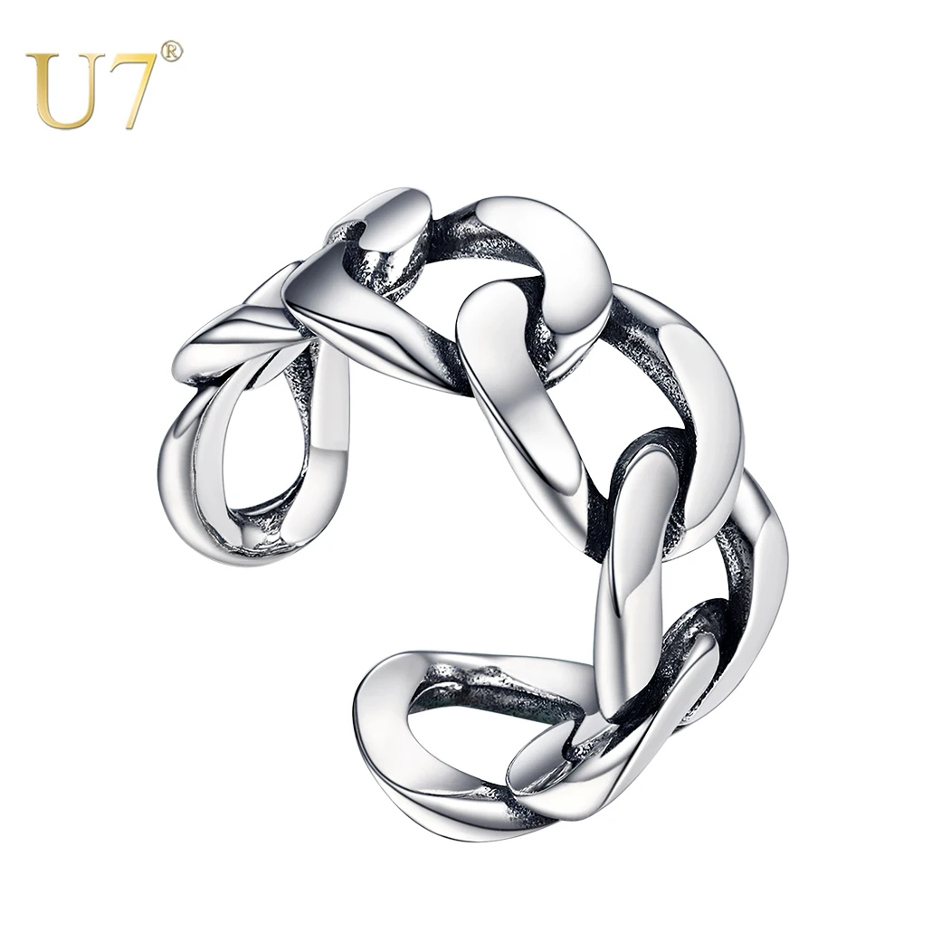 U7 Stacking Ring 925 Sterling Silver Chain Ring Statement Band Ring for Party Womens Adjustable Pinky Ring Knuckle Ring