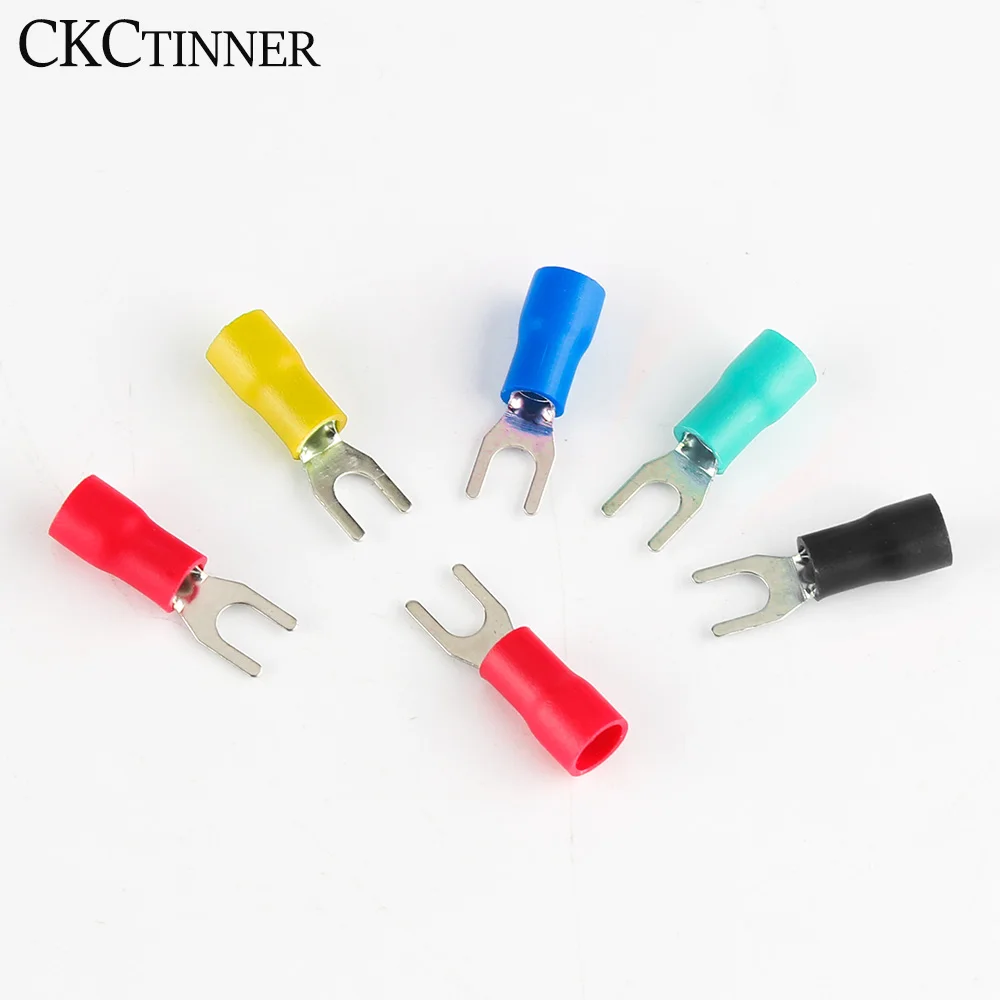 100pcs AWG22-16 SV Terminal Insulated Wiring Terminals Spade Fork Connector Furcate Cable Wire Connector Wire Crimp Terminals