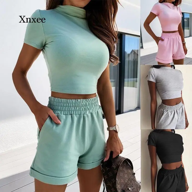 New Homewear Women Two Piece Set Summer O-Neck Crop Top Shorts 2 Piece Set Two Pieces Sets Tops Shorts Summer Casual Women' Suit