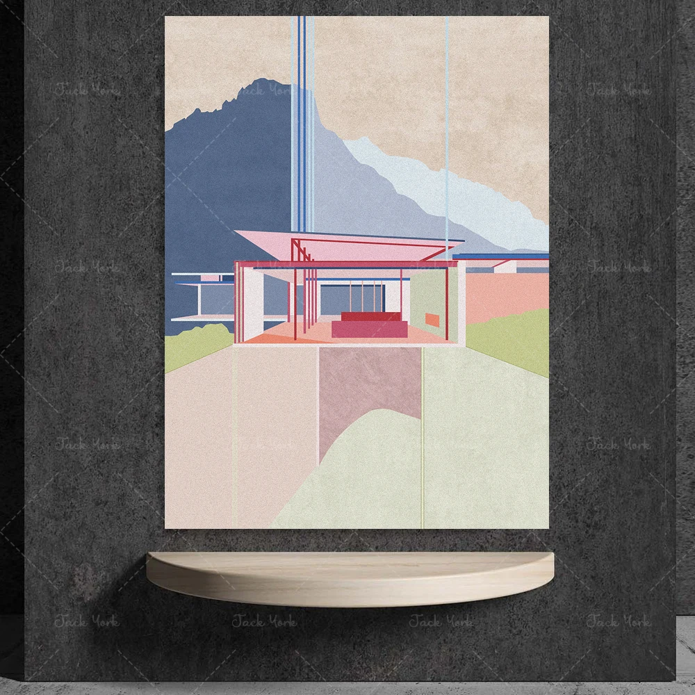 Balanced in the Mountains Print, Mid Century Poster, Architectural Art, Minimal, Tropical, Abstract, Home Decor, Wall Art.