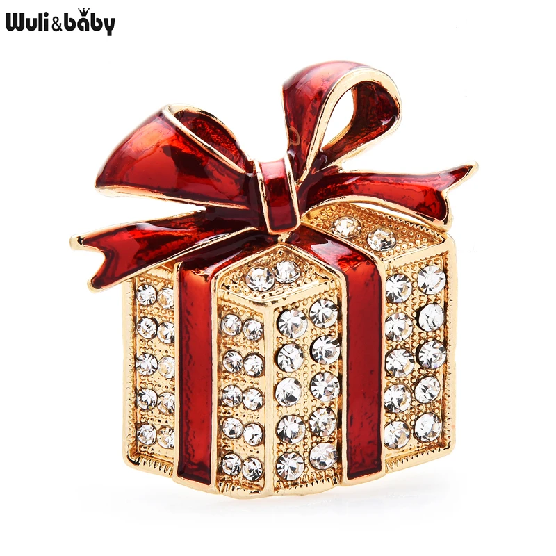 Wuli&baby Rhinestone Enamel Gift Box Brooches For Women Men Red Green Bowknot Box Casual Party Brooch Pin Gifts