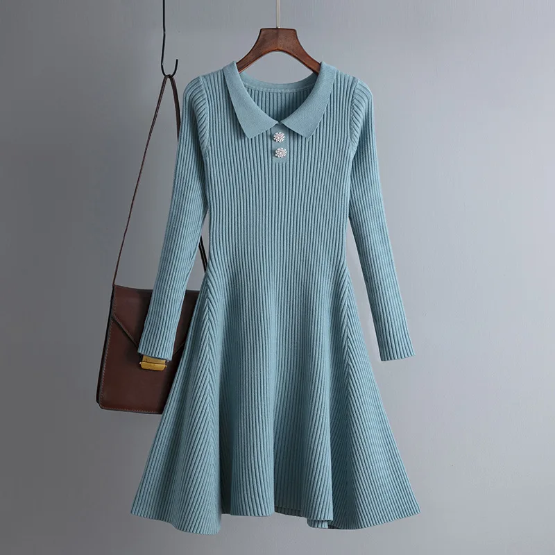 Diamond Autumn Winter thick Sweater Dress Women A Line peter pan collar mini Dress female girl Knit short bodycon Knit dress