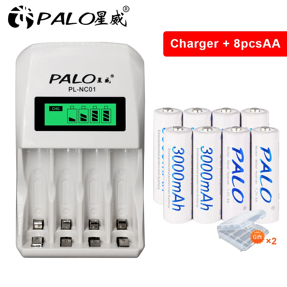 

PALO Ni-Mh 1.2V AA Battery & 4 Slot Fast Smart LCD Display Battery Charger For 1.2V AA AAA NiCd NiMh Rechargeable Battery