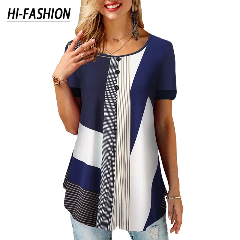 

HI-FASHION Summer Women Loose Casual Tops Korean Female Striped Lattice Printed Short Sleeves Plus Size Mom Chiffon T Shirts