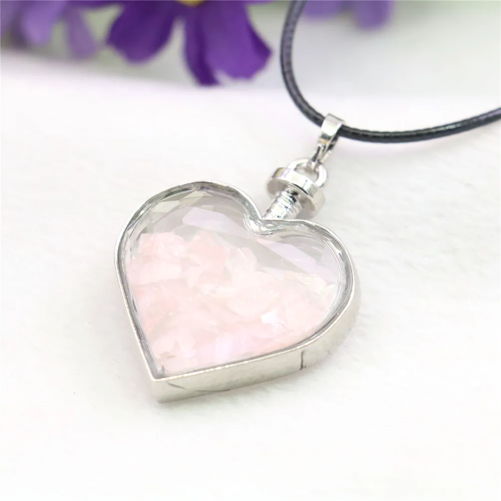 30mm Heart Shape Irregular Pink Crystal Pendant Necklace Natural Stone Slide Black Rope Chain Neckwear Jewelry Making Design