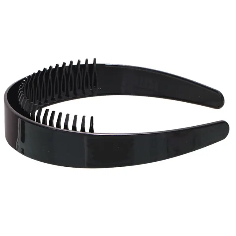 Women Girls 2.5cm Wide Plain Headband with Non-Slip Teeth Comb Shiny Black Plastic Hair Hoop DIY Styling Makeup Headwear