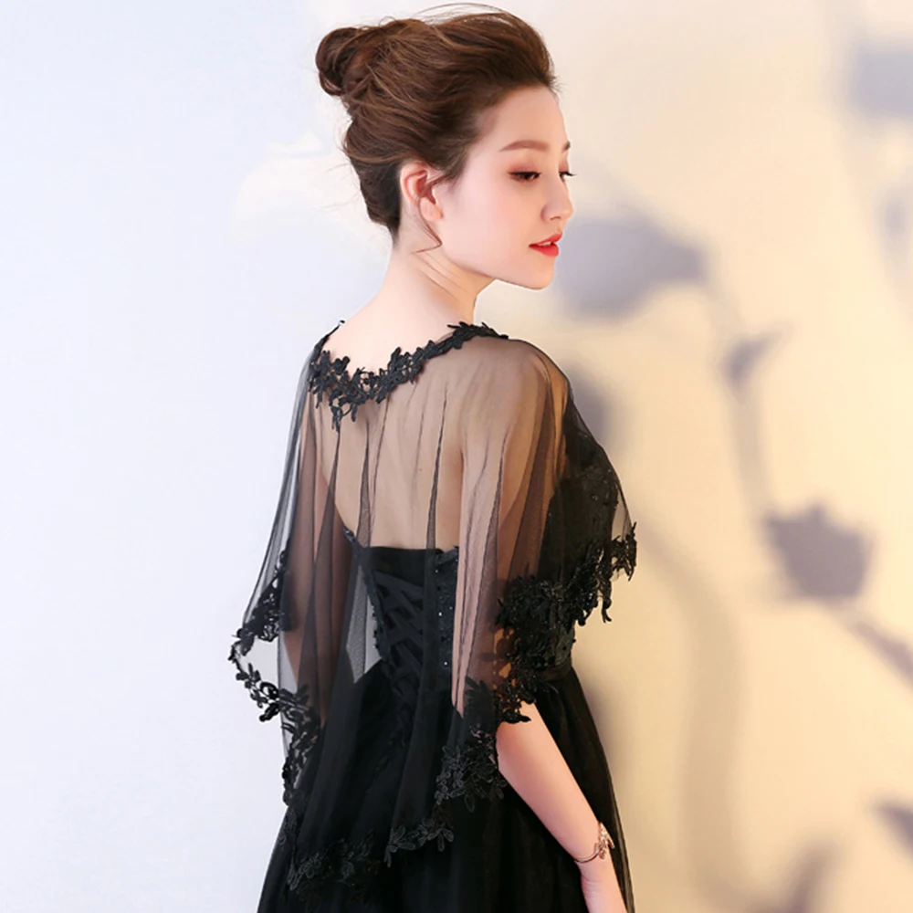 Women Black Applique Tulle Evening Prom Cape O-Neck Solid Soft Elegant Formal Sheer Cape Halloween Wedding Cosplay Shawl Red