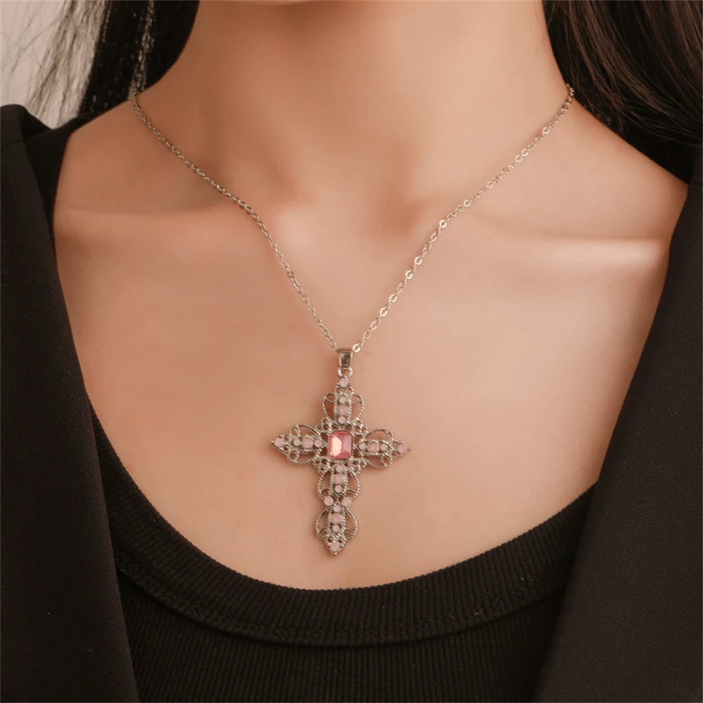 Large Detailed Cross Drill Pendant Jewel Necklace Silver Color Tone Gothic Punk Jewellery Fashion Charm Statement Women Gift