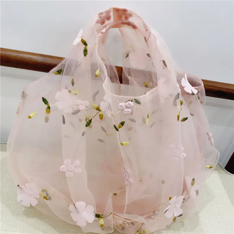 Korean Ins Translucent Tulle Embroidery Flower Bag Floral Fairy Small Fresh Net Yarn Hand Bag Student Female Beach Handbags 2024