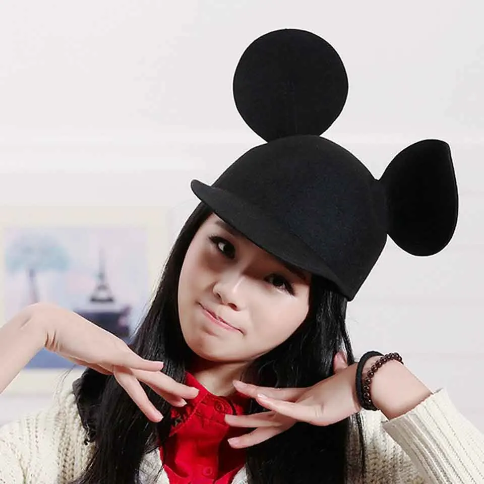 Women\'s Fedoras Hats Spring Autumn Winter Fashion Warm Imitation Wool Felt Hat With Mouse Ears Retro Cute Bowler Cap For Ladies