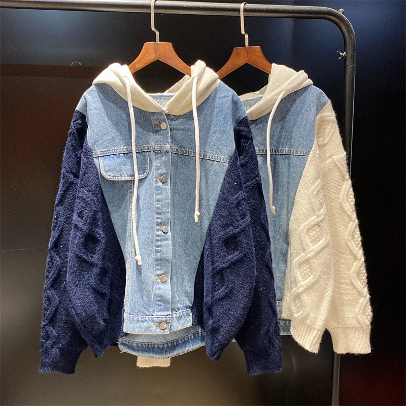 Autumn Winter Knitted Sweater Jacket Women Denim Spliced Fashion Cardigan Hooded Knit Coat Female Thick Warm Loose Sweaters