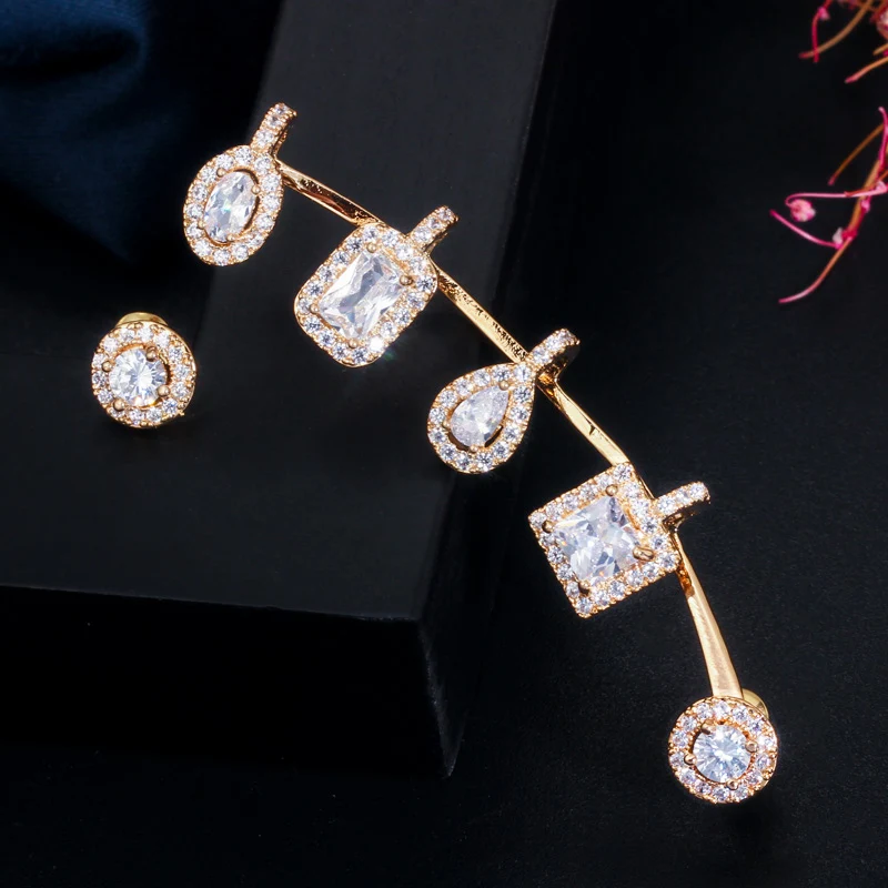 CWWZircons Asymmetrical Shiny White Cubic Zirconia Long Ear Stud Climber Earrings for Women Unique Designer Brand Jewelry CZ724