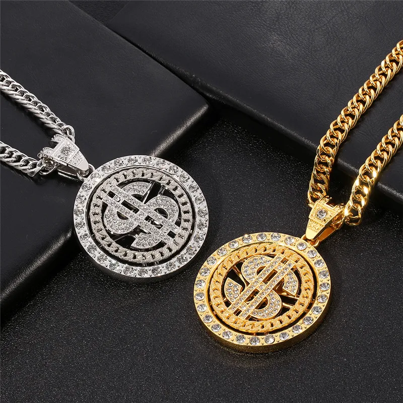 2022 Hip-Hop Gothic Rotating US Dollar Pendant Necklace Crystal Jewelry For Men Boy Long Chain Necklace Birthday Party Gift