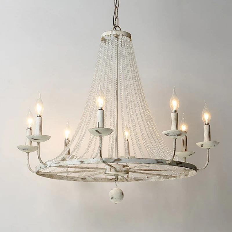 

Retro American Country Solid Wood Gray Chandelier European Bedroom White Crystal Lamp French Homestay Living Room Lighting