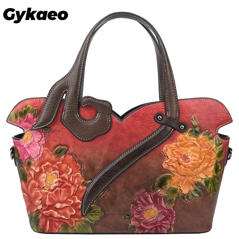 Gykaeo 2024 European and American Style Women's Floral Genuine Leather Bags Women Cowhide Tote Bag Ladies Shopping Shoulder Bags