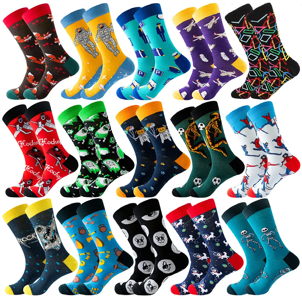 Men's fashion Pattern Dress Funky Fun Colorful astronaut Socks Luxury Crazy Novelty Dress Socks Cotton Happy Funny animal Socks