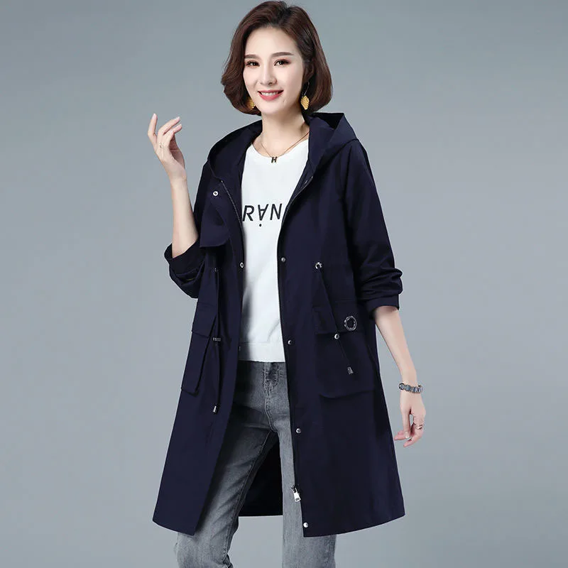 New 2022 Women Trench Coat Spring Autumn Casual Outerwear Loose Overcoat Female Mid-length Fashion Hooded Windbreaker R791