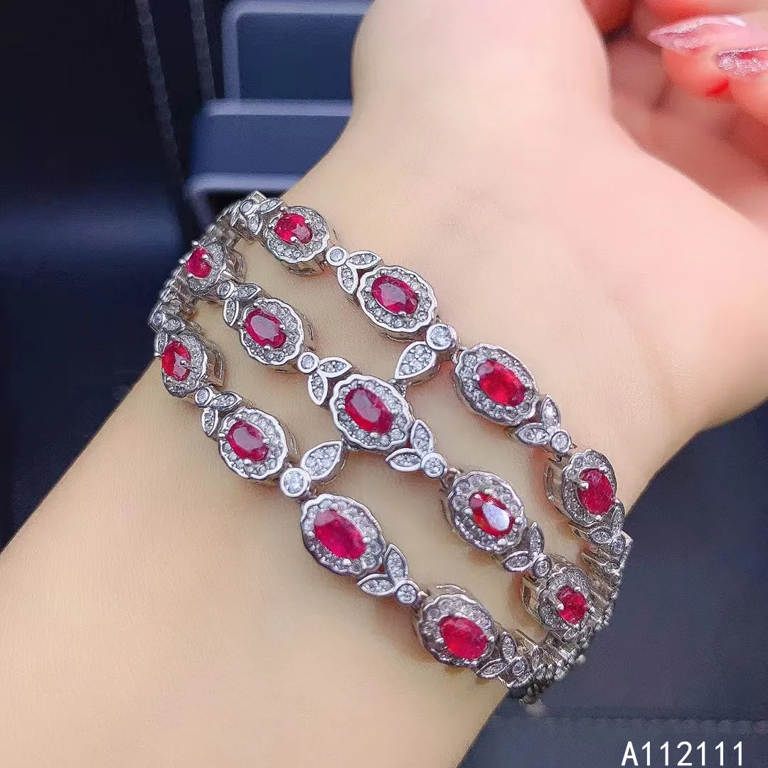 

Fine Jewelry 925 Sterling Silver Inset With Natural Gemstones Women's Popular Classic Plant Ruby Hand Bracelet Support Detection