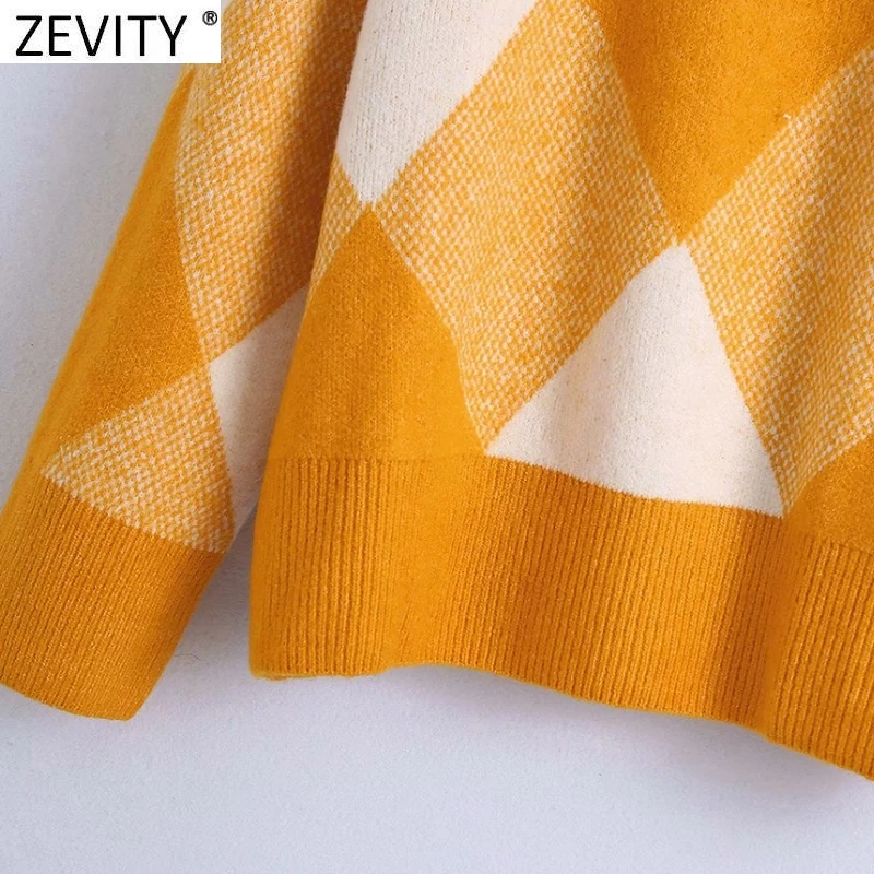 Zevity New Women Vintage O Neck Color Match Geometric Casual Knitting Sweater Female Chic Basic Long Sleeve Pullovers Tops SW913