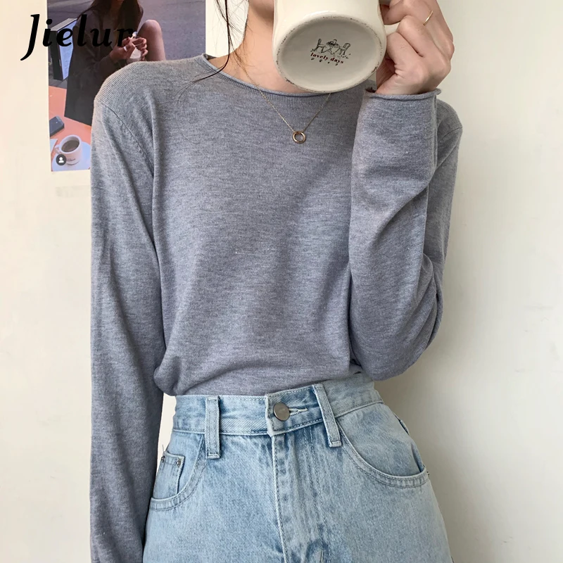 Jielur 16 Colors Autumn Winter Korean Top Female Loose Knitted Sweater Women Long Sleeve Basic Tee Shirt Casual Pure Knitwear