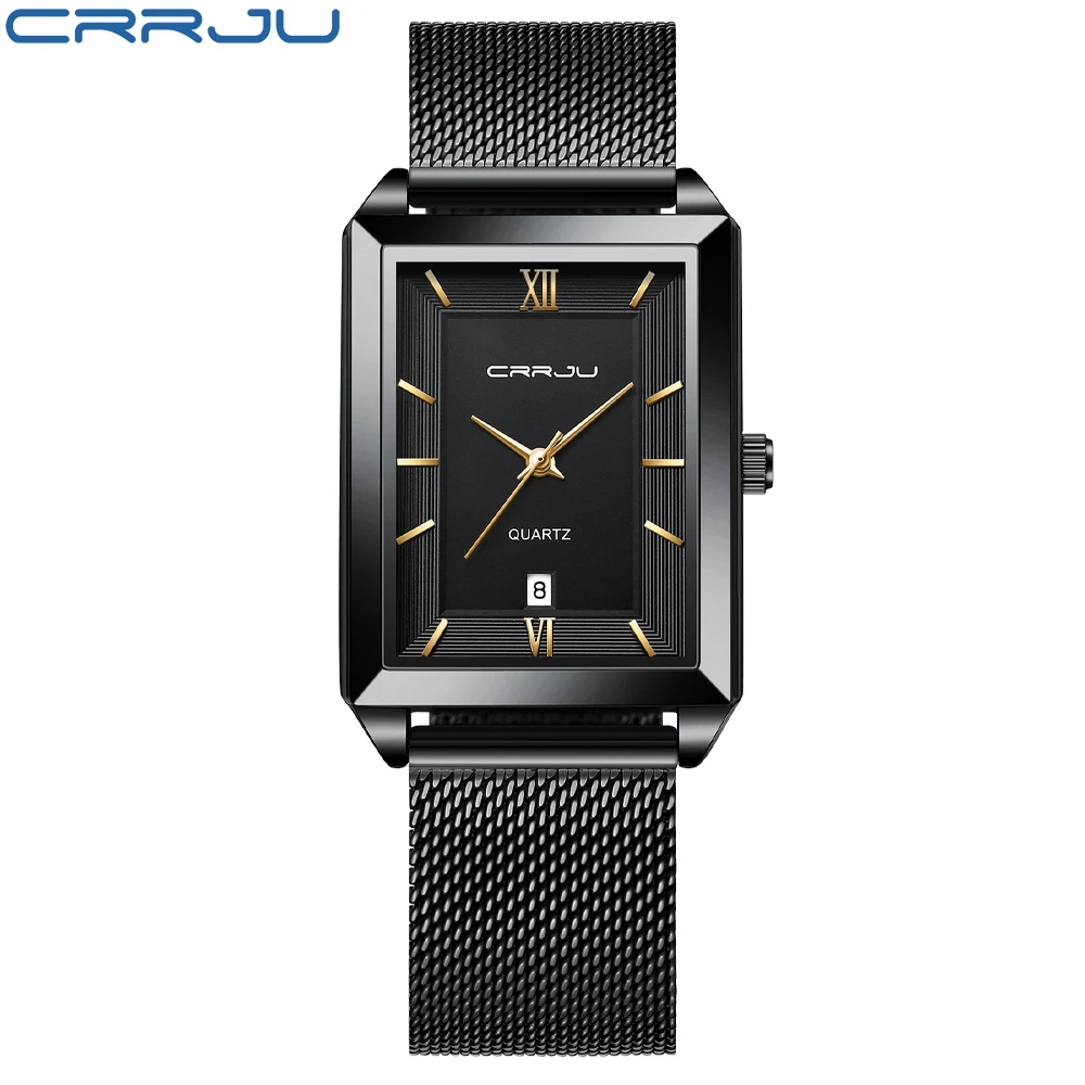 CRRJU 2021 New Square Watch Men with Automatic Week Date Luxury Stainless Steel Gold Mens Quartz Wrist Watches Relogio Masculino