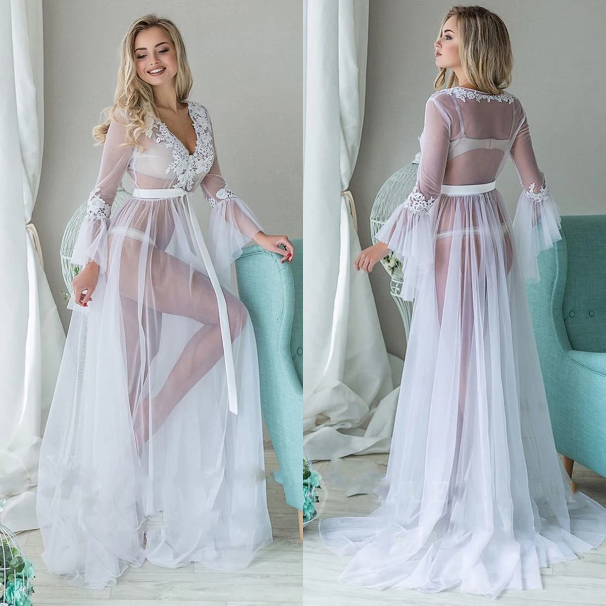 

Women Robes Lace Sleepwear Babydoll See Through Ladies Floral Long Dress Sexy Clothes For Taking Pictures