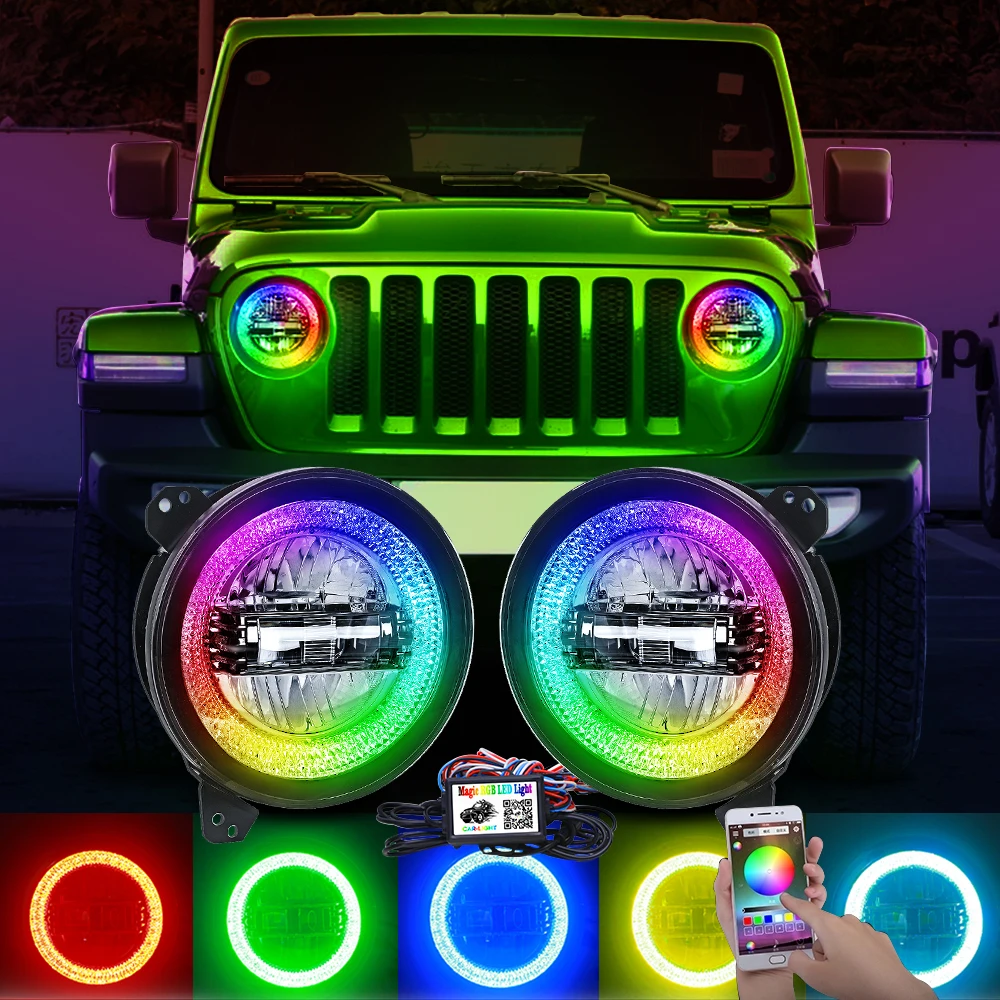 

for Jeep Wrangler JL 2018 RGB 9inch LED Projector Headlights with Halo Lights hi-low beam and JL Sport connector plug in play