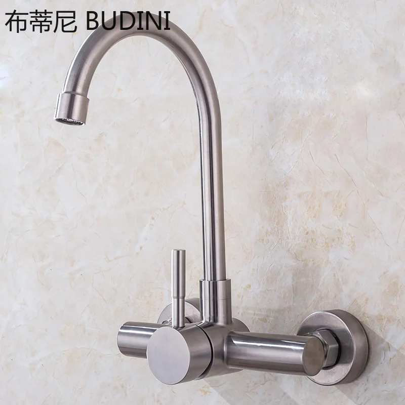 304 Stainless Steel Kitchen Wall-mounted Sink Faucet Double Hole Rotatable Hot and Cold Dish Sink Dish Sink Tap