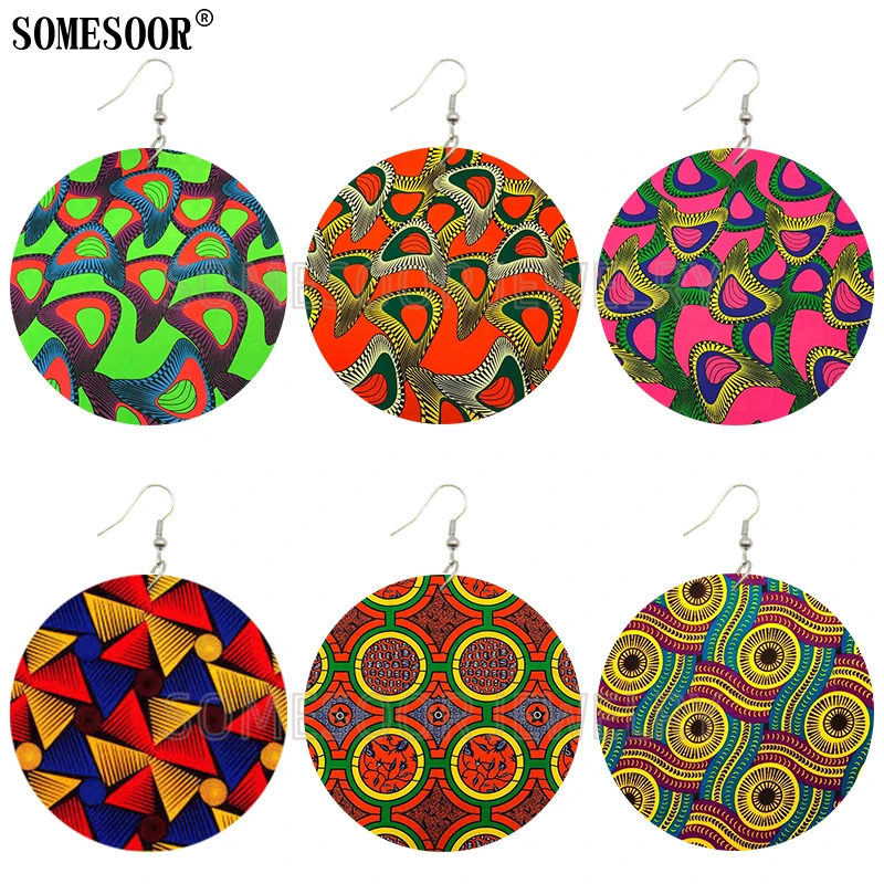 SOMESOOR African Style Ethnic Textile Print Fabric Pattern Wooden Both Sides Printing Round Drop Earrings For Women Gifts