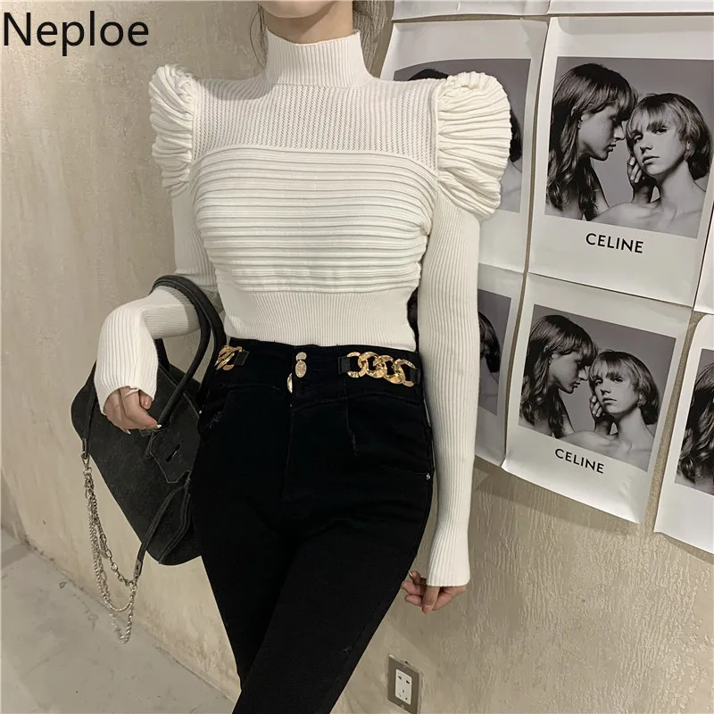 Neploe Fashion Pleated Sweaters for Women Elegant Puff Sleeve White Slim Tops Korean Turtleneck Sweater Jumper Fall Clothes