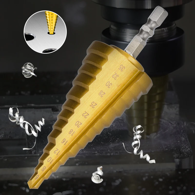 CMCP Step Cone Drill 4-22 6-35mm Step Drill Bit Hex Shank Titanium Coated Cone Drilling Tool HSS Steel Wood Metal Hole Cutter