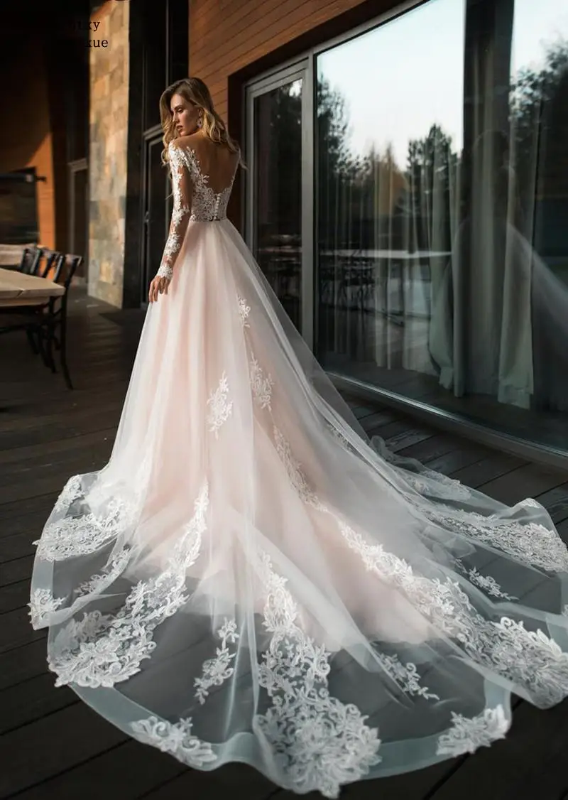 DREAM Elegant Lace Wedding Dress Appliqued Vestido De Noiva 2023 Open Back Long Sleeve A Line Court Train Bridal Dresses V-Neck