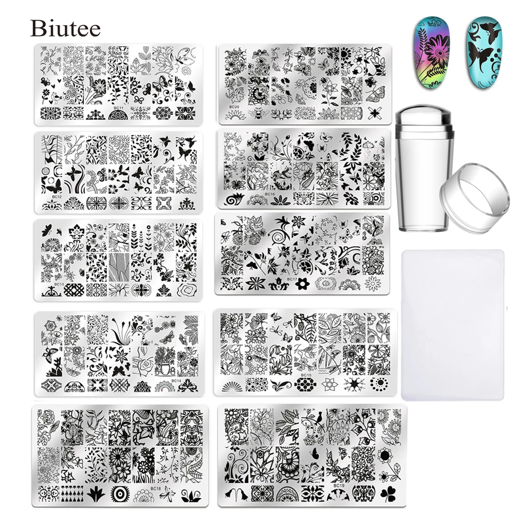 

Biutee 10pcs Nail Stamper Plates Flower Animal Lace Glass Bufferfly Pattern Nail Art Plate Stencil Stainless Steell Nail Design