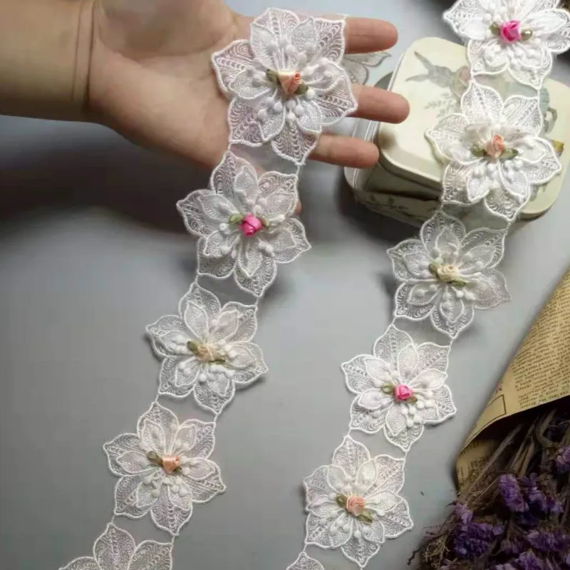 

2 yard 75mm Pearl Rose Flower Embroidered Lace Trim Applique Trimming Ribbon Fabric Sewing Craft Handmade Wedding Decoration New