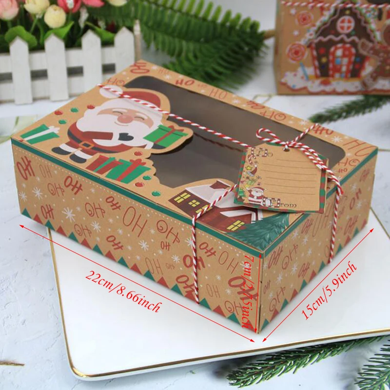 12pcs Kraft Paper Merry Christmas Candy Box Favor Gift Box With Clear Window Guests Cookie Packaging Box New Year Party Decor