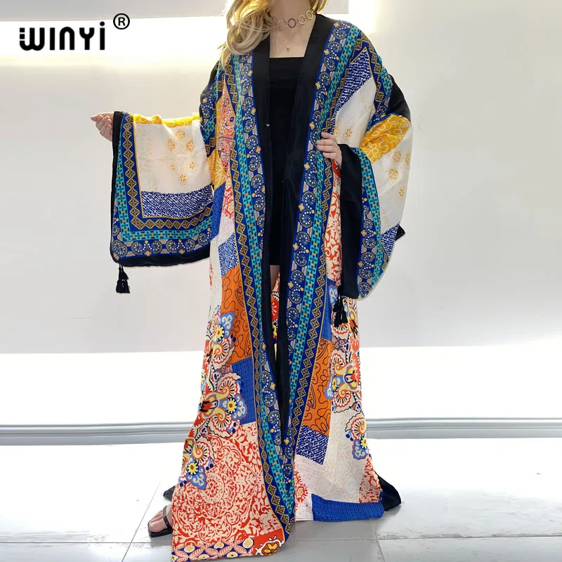 Europe Spring dress Women KIMONO Cardigan stitch robe Cocktail sexcy Boho Maxi African Holiday Batwing Sleeve Silk Robe