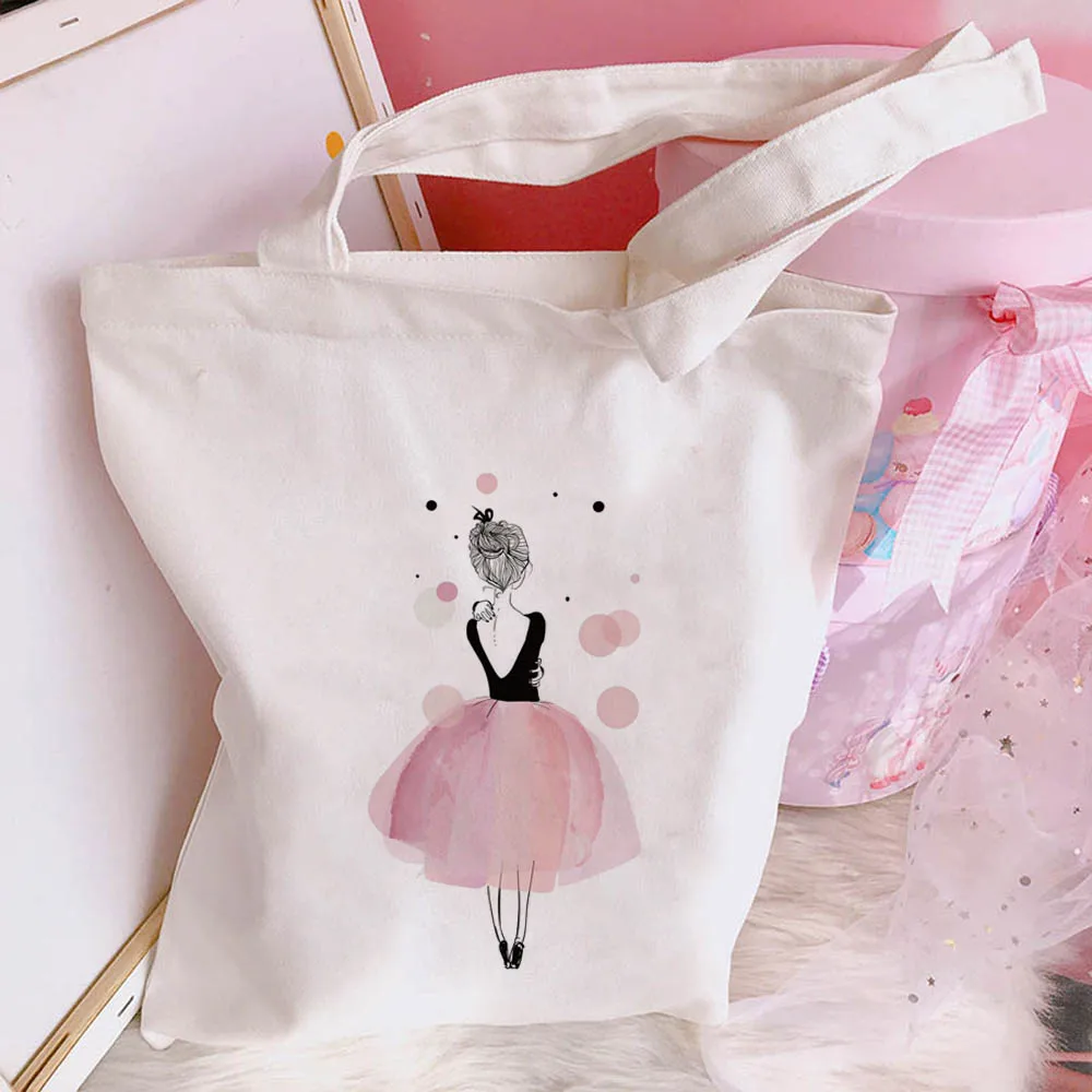 New Women's Casual Canvas Bag Pink Ballet Dance Girl Print Shopping Bag Lady Handbag Reusable Large Capacity Tote Bags