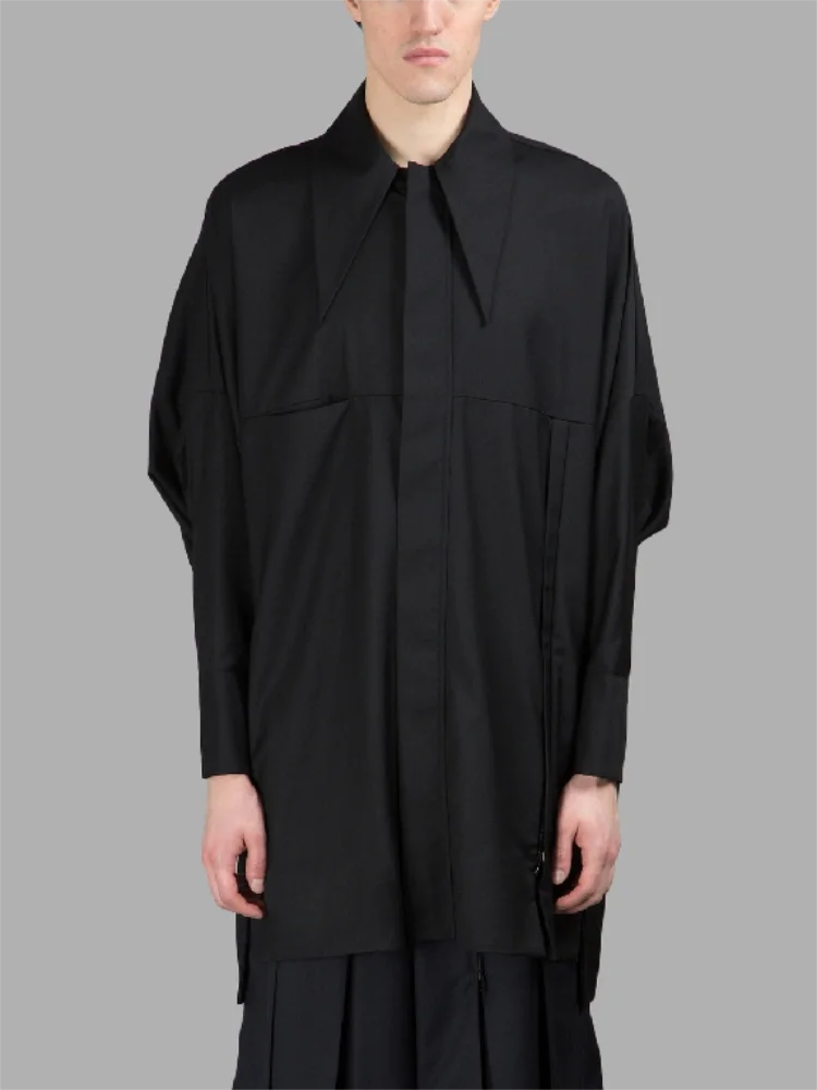 Men's Long Sleeve Shirt Spring And Autumn New Black Large Pointed Collar Independent Hidden Button Door Lapel Long Sleeve Shirt
