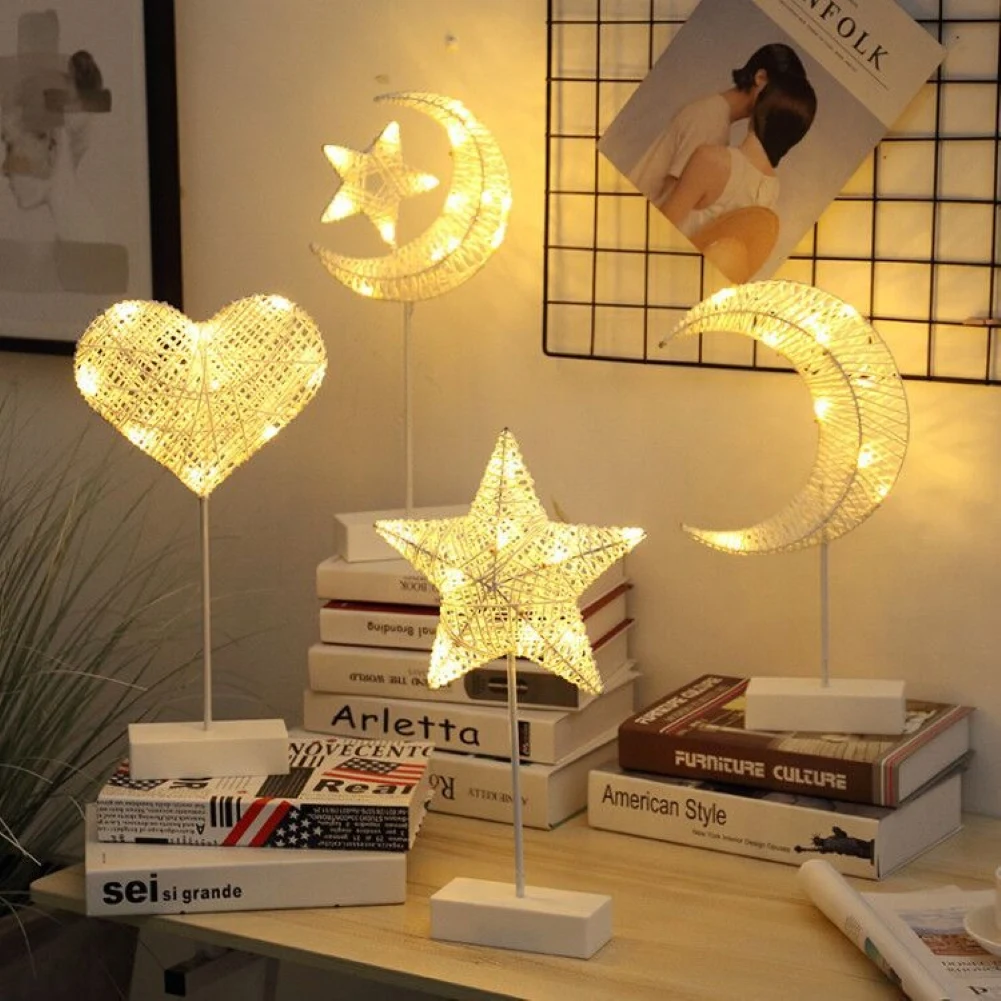 Creative LED Night Light Handmade Heart Star Tree Shape Grass Rattan Woven Battery Power Table Lamp Xmas Party Decor Kids Gifts